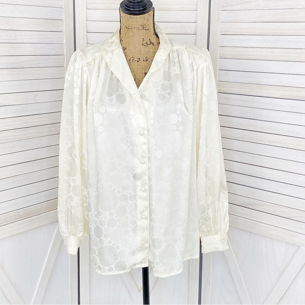 Vintage Satin Blouse Helen Fabrikant Jacquard V Neck Cream Medium Long Sleeve